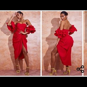 Red Bardot Frill Sleeve Draped Midi Dress